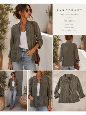 Sanctuary Lyocell Utility Jacket Olive Green Lightweight Military Cargo Jacket